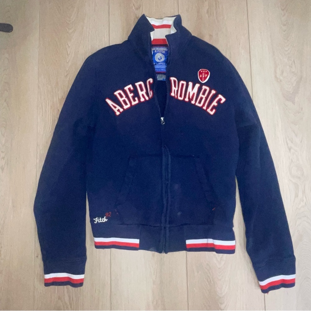 Vintage Abercrombie & Fitch Full Zip Sweater Jacket Y2K Navy Red & White XL